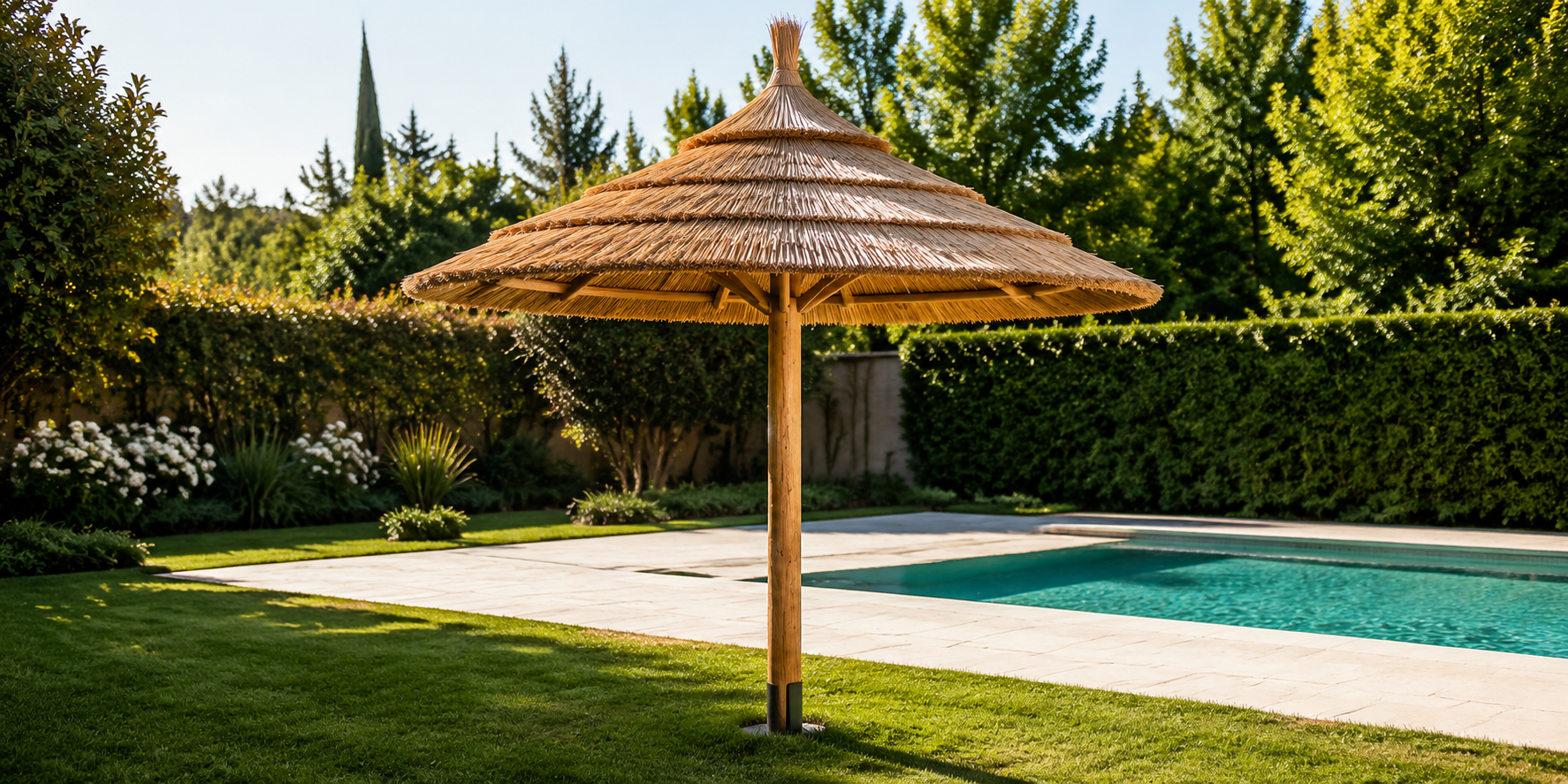 Sombrilla de paja instalada junto a una pileta y jardín